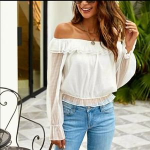 Shoulder top sheer ruffle sleeve natural waist